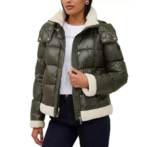 French Connection Jackets & Blazers - French Connection Green Sherpa Trim Puffer Coat Women's Size XL
